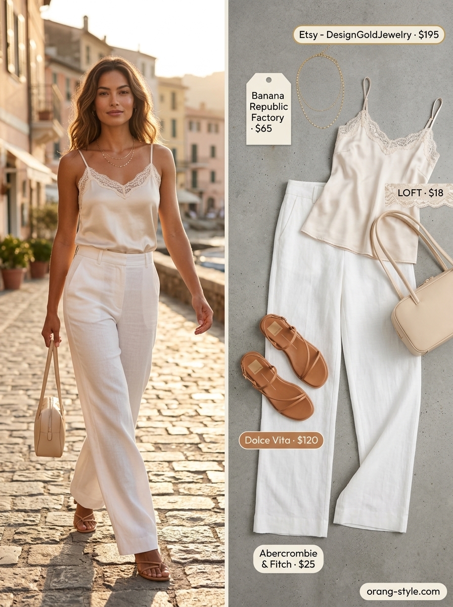 Chic summer vacation outfits for women 2026: Ivory linen trousers with silk camisole and leather sandals.