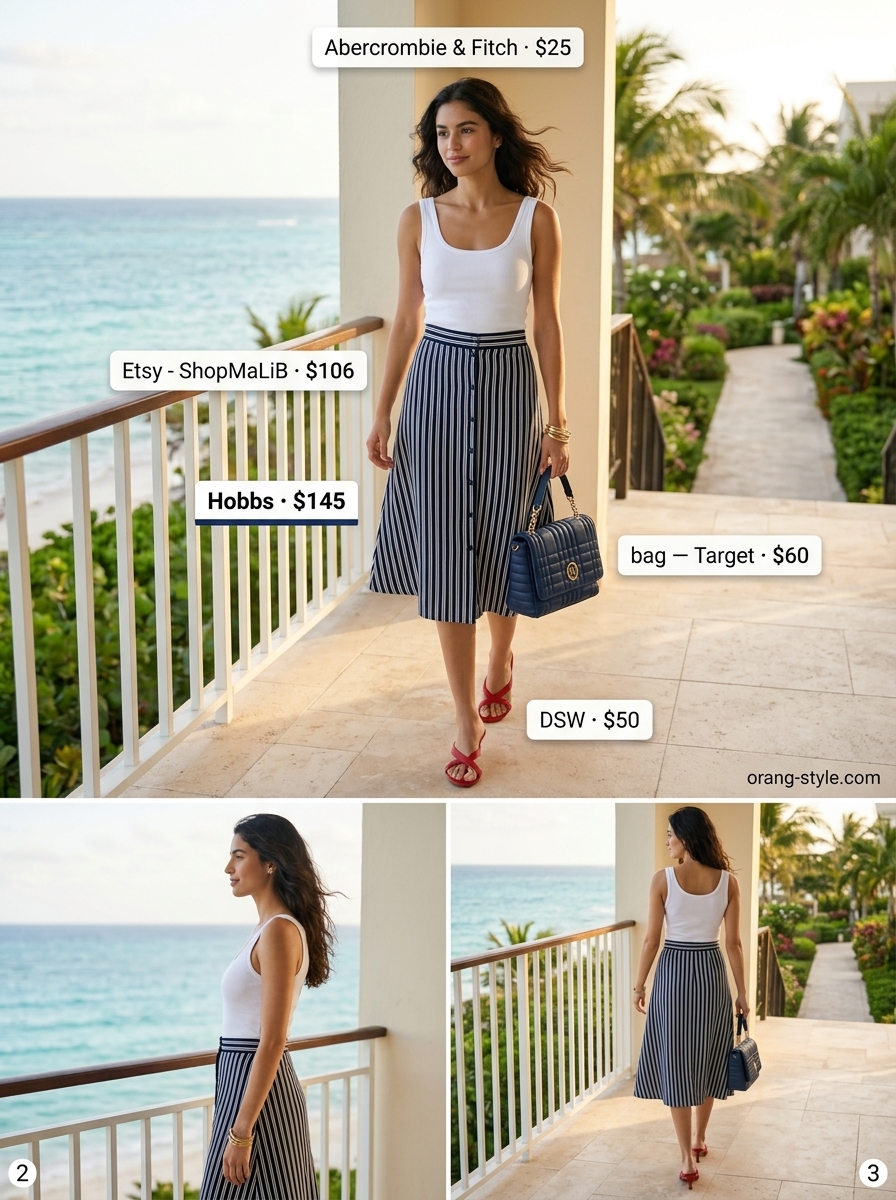 Chic summer vacation outfits for women 2026: Navy and white striped midi skirt with red sandals.