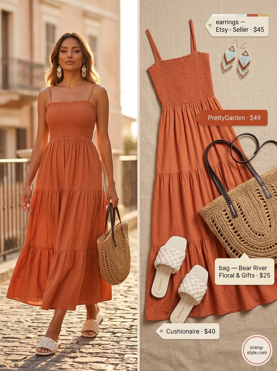 Chic summer vacation outfits for women 2026: Terracotta tiered maxi dress with straw tote.