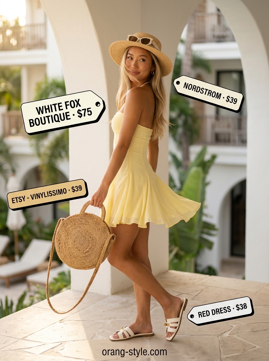 Chic summer vacation outfits for women 2026: Bright yellow mini sundress with straw bag.