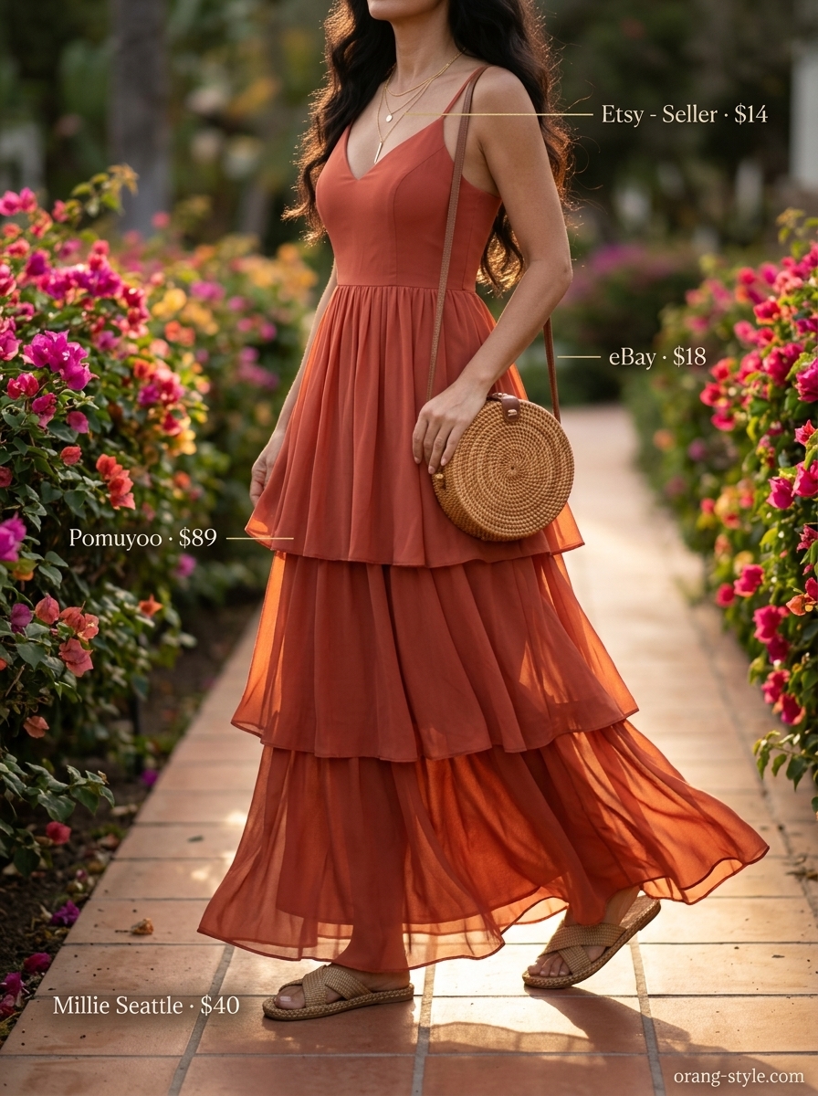 Chic summer vacation outfits for women 2026: Terracotta maxi dress, flat espadrilles, layered gold necklaces, and rattan crossbody bag.