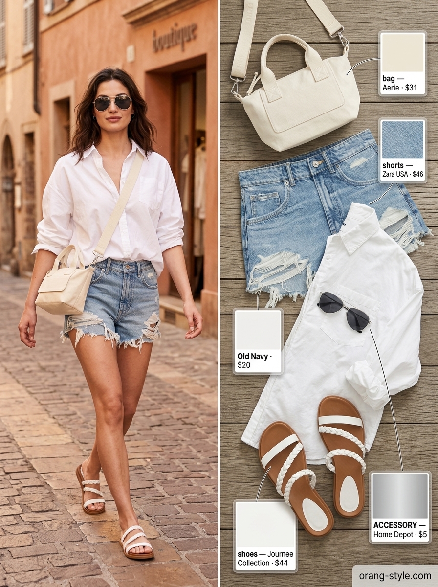 Chic summer vacation outfits for women 2026: White button-down, denim shorts, aviators, and canvas bag for sightseeing.