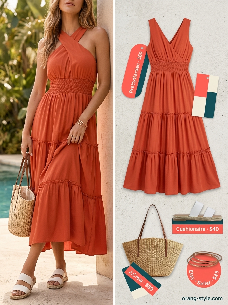 Chic summer vacation outfits for women 2026: Terracotta maxi dress, bronze bangles, espadrilles, and straw tote for daytime exploration.