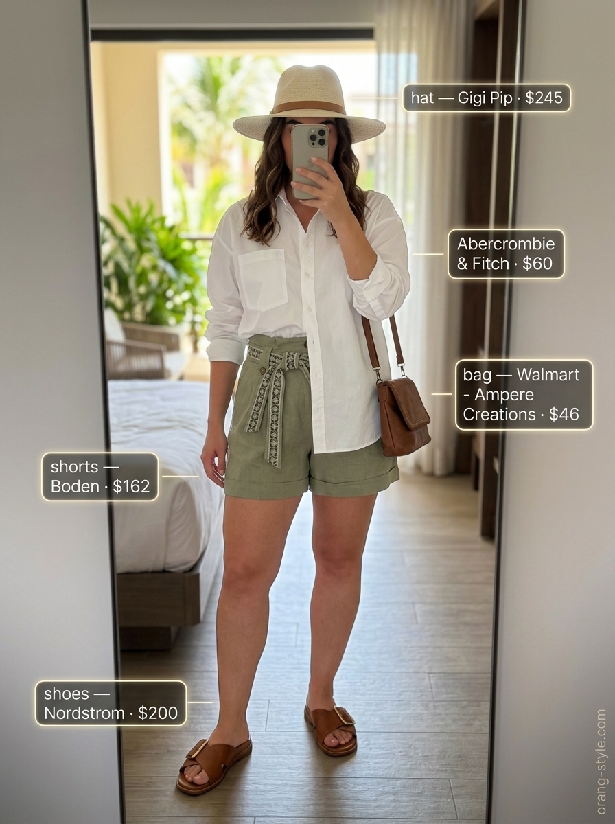 Chic summer vacation outfits for women 2026: Khaki shorts, white oversized shirt, straw fedora, and cognac slides for safari chic.