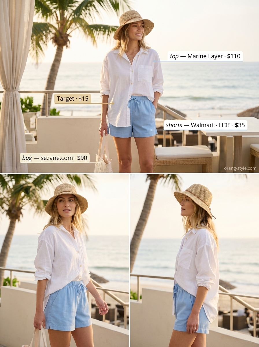 Chic summer vacation outfits for women 2026: Sky blue linen shorts, white linen shirt, straw hat, leather slides, and canvas tote.
