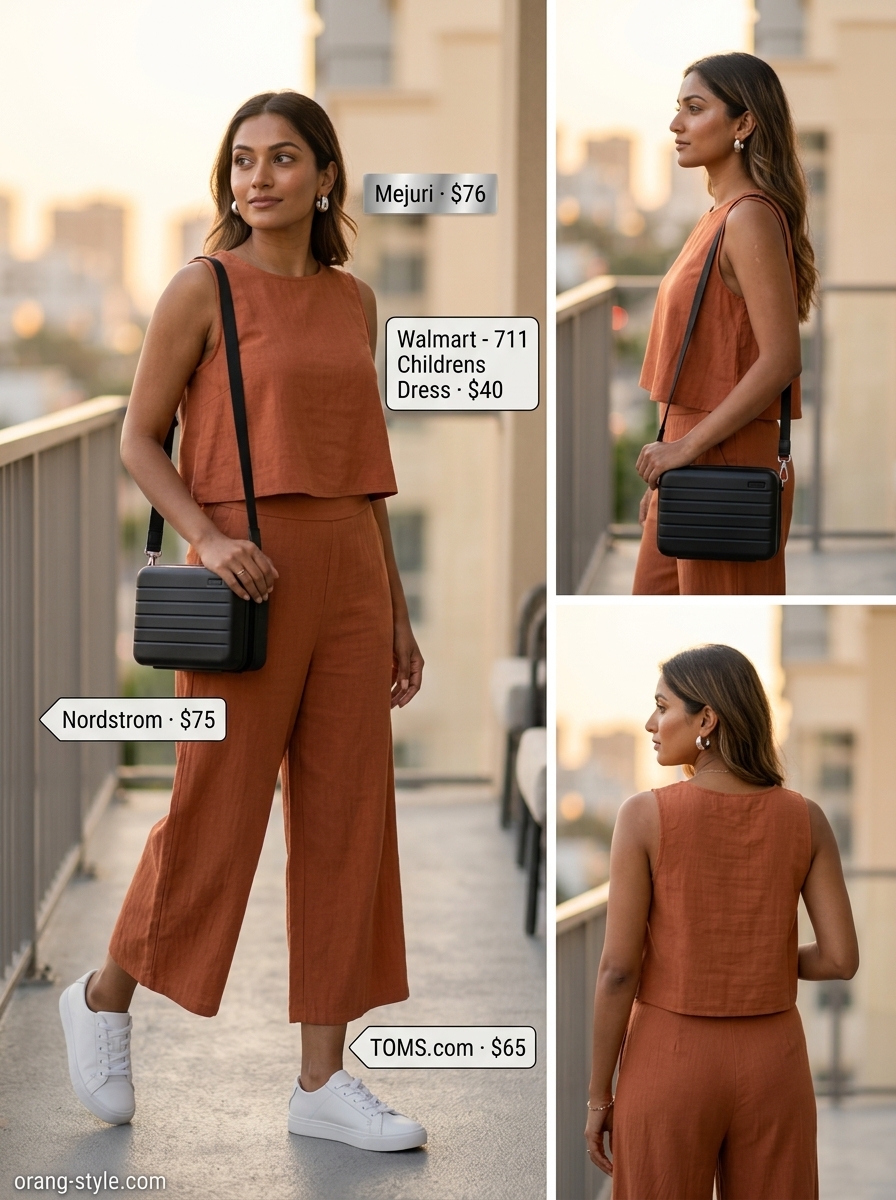 Chic summer vacation outfits for women 2026: Black linen matching set, white sneakers, and black crossbody for a monochrome city break.