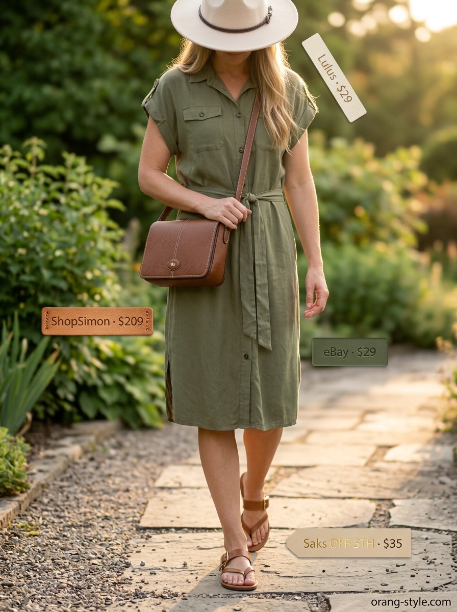 Chic summer vacation outfits for women 2026: Olive green utility dress, cream fedora, cognac sandals, and leather crossbody.