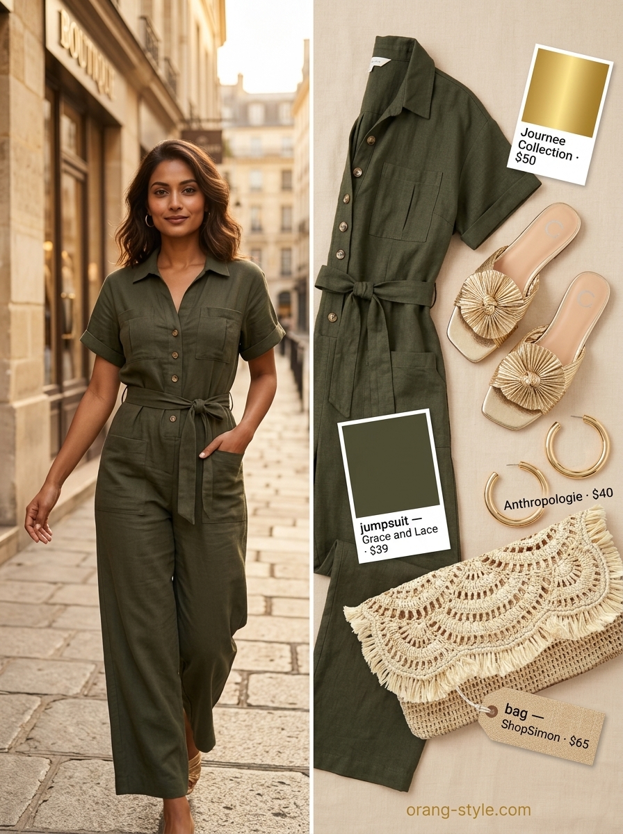 Chic summer vacation outfits for women 2026: Olive green utility jumpsuit, gold hoops, silk scarf, and raffia clutch.