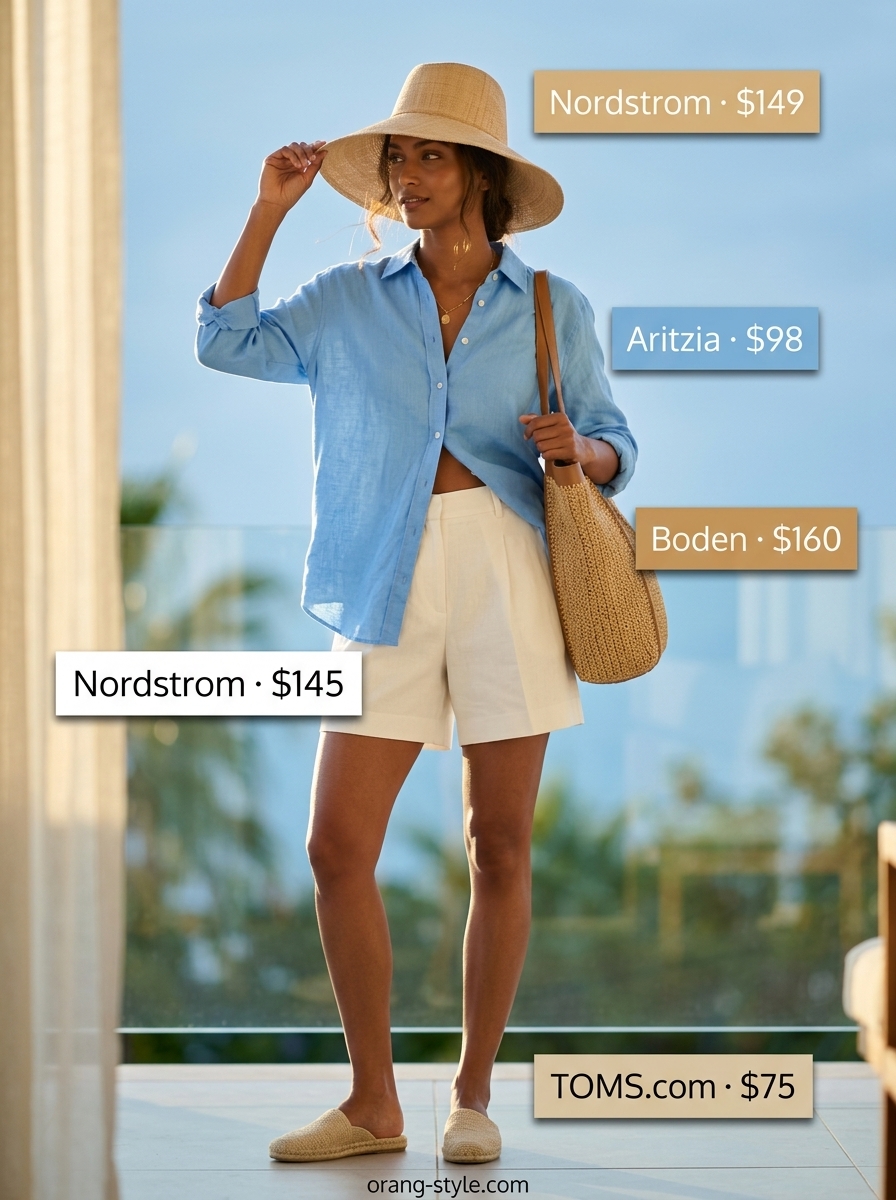Chic summer vacation outfits for women 2026: White linen shorts, sky blue shirt, straw hat, espadrilles, and straw tote for resort wear.