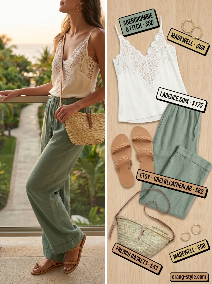 Chic summer vacation outfits for women 2026: Sage green linen pants, ivory lace cami, braided slides, and straw crossbody.
