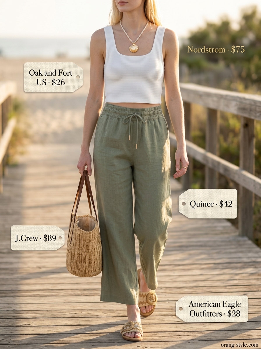 Chic summer vacation outfits for women 2026: Sage green linen pants, cream knit top, straw tote, and tan slides for a relaxed coastal look.