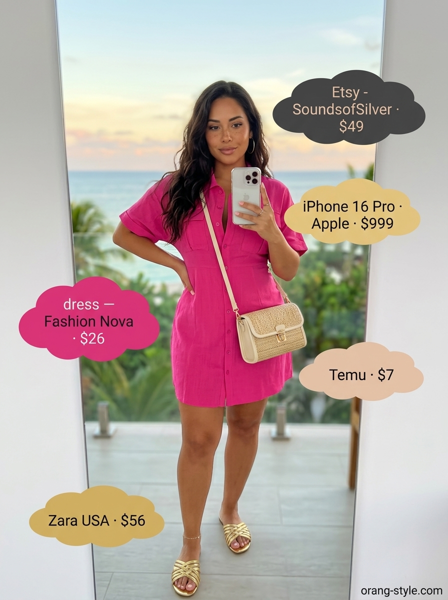 Chic summer vacation outfits for women 2026: Fuchsia mini dress, gold sandals, gold hoops, and raffia crossbody for pool parties.