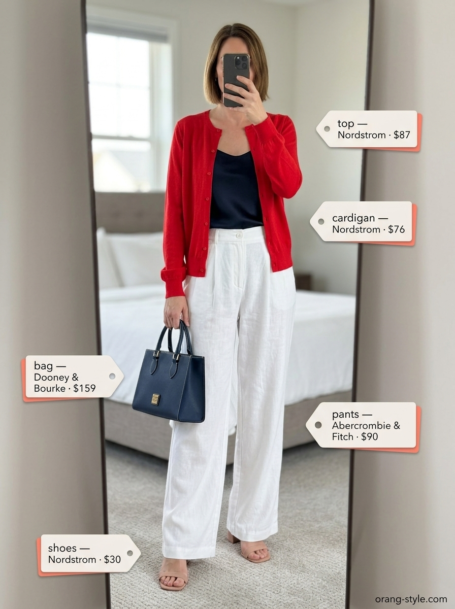 Chic summer vacation outfits for women 2026: White linen pants, navy silk cami, red cardigan, and nude sandals for Riviera style.
