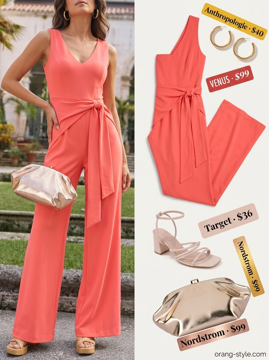 Classic summer outfit for women over 40 2026: Coral wide-leg jumpsuit, gold hoops, nude sandals, and metallic clutch for an evening event.