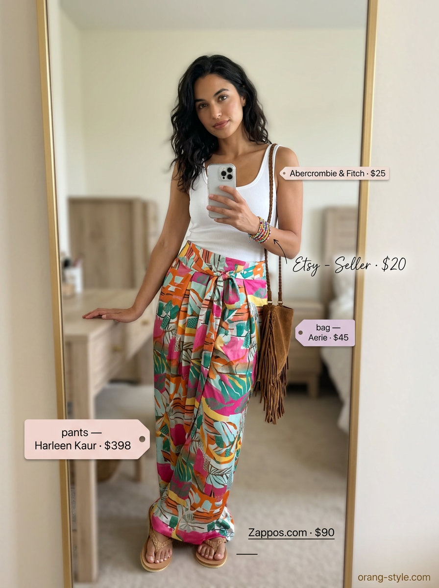 Classic summer outfits for women over 30 2026: Boho palazzo pants, white tank, leather sandals.