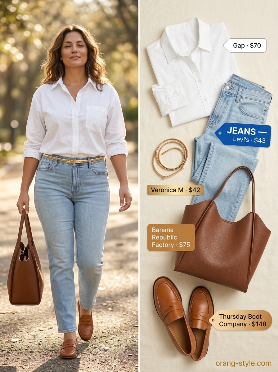 Classic summer outfits for women over 30 2026: Crisp white shirt, light wash jeans, tan loafers, gold belt.