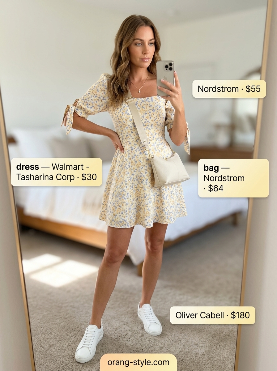 Classic summer outfits for women over 30 2026: Pastel floral mini dress, white sneakers, and gold necklace.
