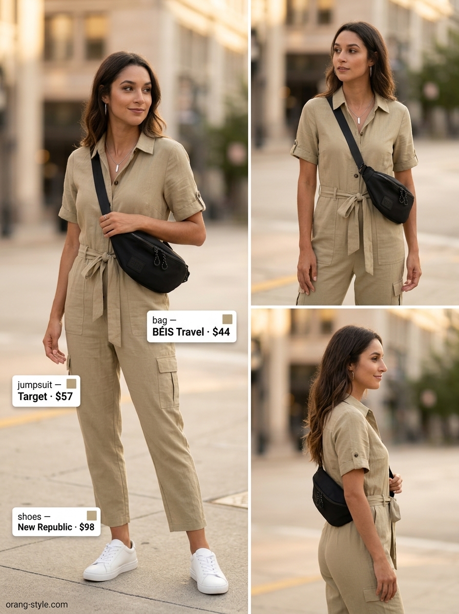 Classic summer outfits for women over 30 2026: Khaki utility jumpsuit, white sneakers, and silver necklace.