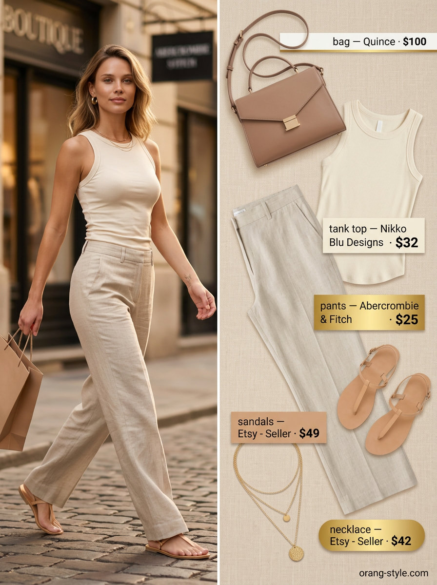 Classic summer outfits for women over 30 2026: Beige linen pants, cream tank, leather sandals, and gold necklaces.