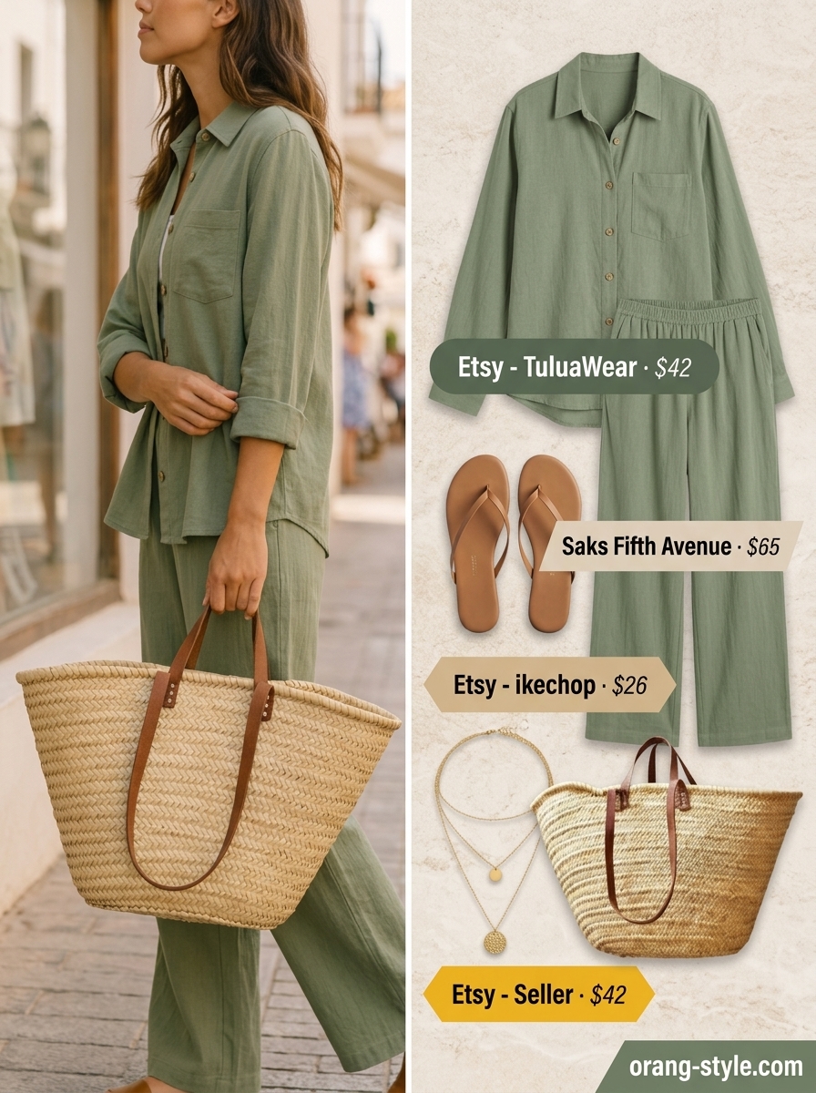Classic summer outfits for women over 30 2026: Linen set, straw tote, gold necklaces.