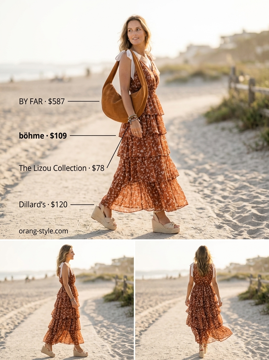 Classic summer outfits for women over 30 2026: Terracotta maxi dress, espadrilles, and suede crossbody bag.