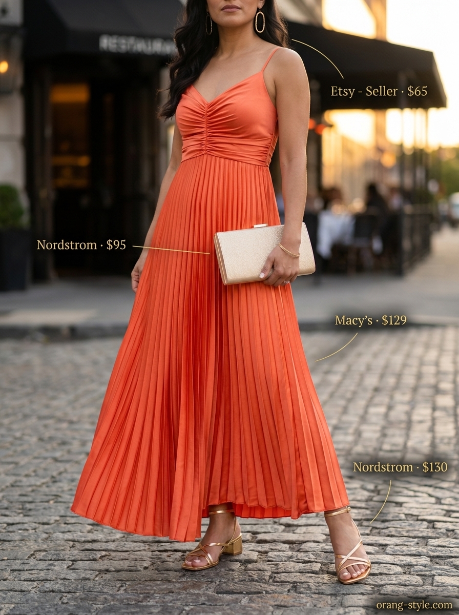 Classic summer outfits for women over 30 2026: Coral maxi dress, gold heels, statement earrings.