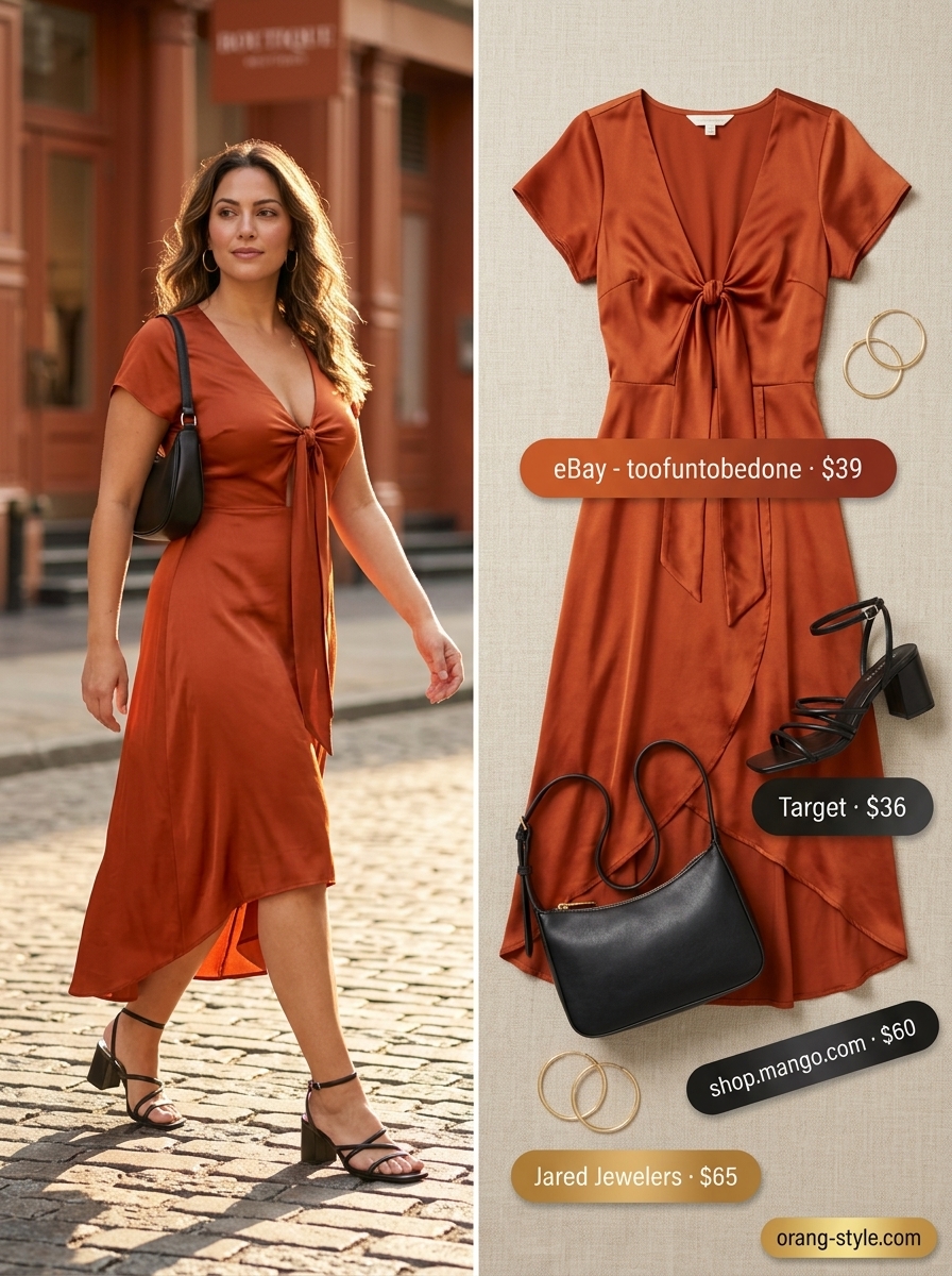 Classic summer outfits for women over 30 2026: Mango orange satin midi wrap dress, black heels, and gold hoops.