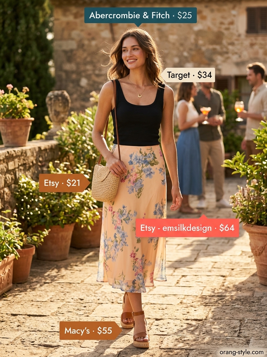 Classic summer outfits for women over 30 2026: Floral midi skirt, black tank, espadrilles.