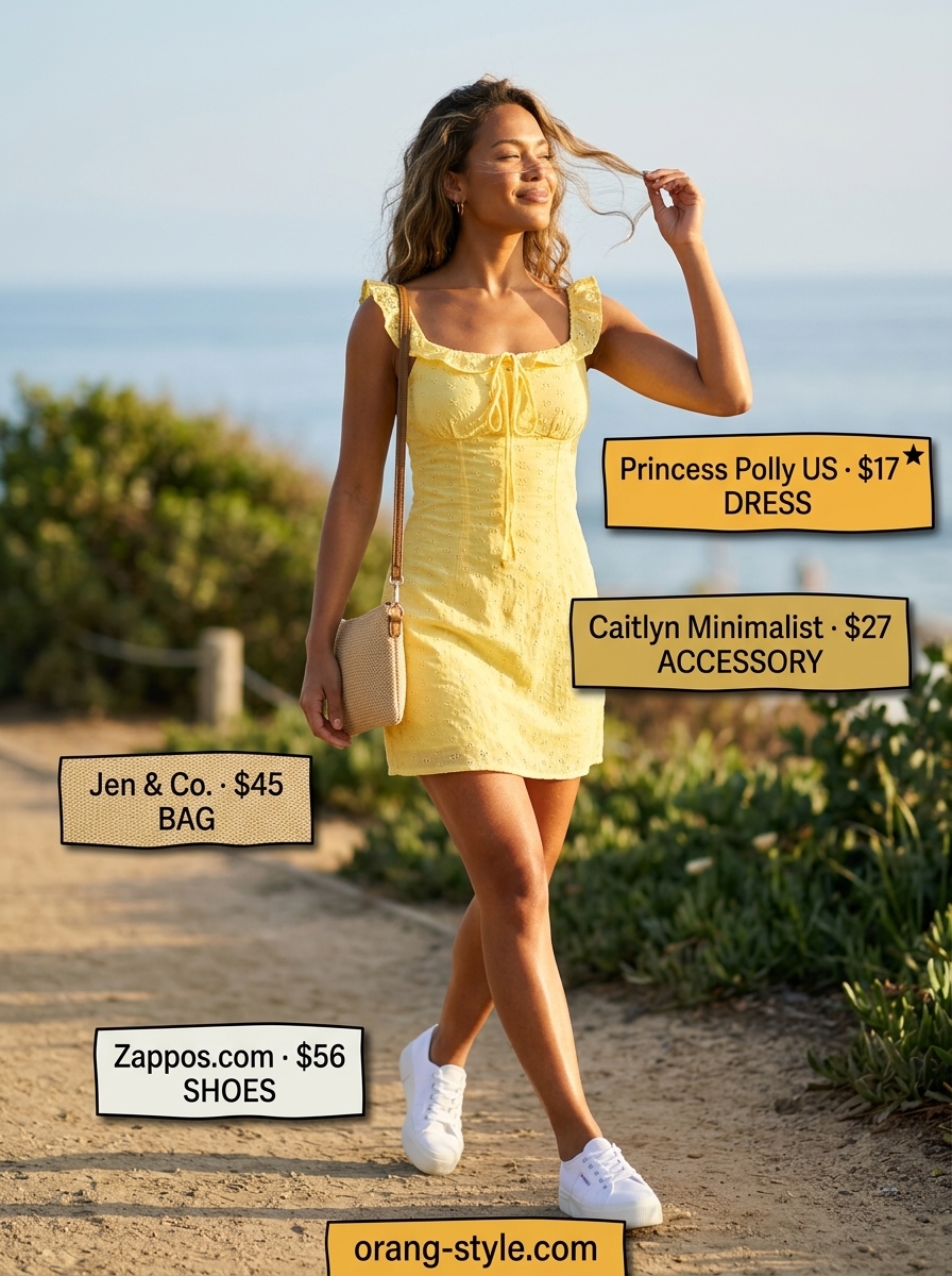 Classic summer outfits for women over 30 2026: Yellow mini dress, platform sneakers, straw bag.