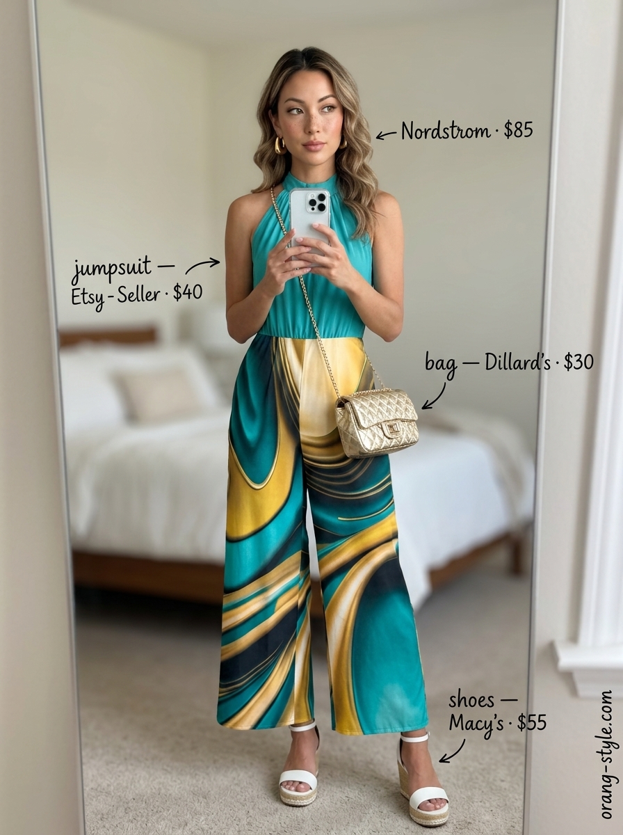 Classic summer outfits for women over 30 2026: Teal abstract print wide-leg jumpsuit, espadrilles, and gold hoops.