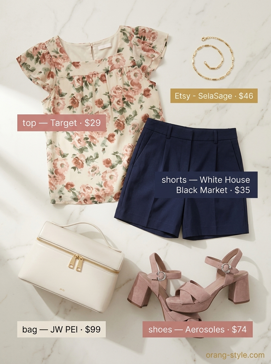 Classic summer outfits for women over 30 2026: Navy shorts, floral blouse, nude sandals, and top-handle bag.