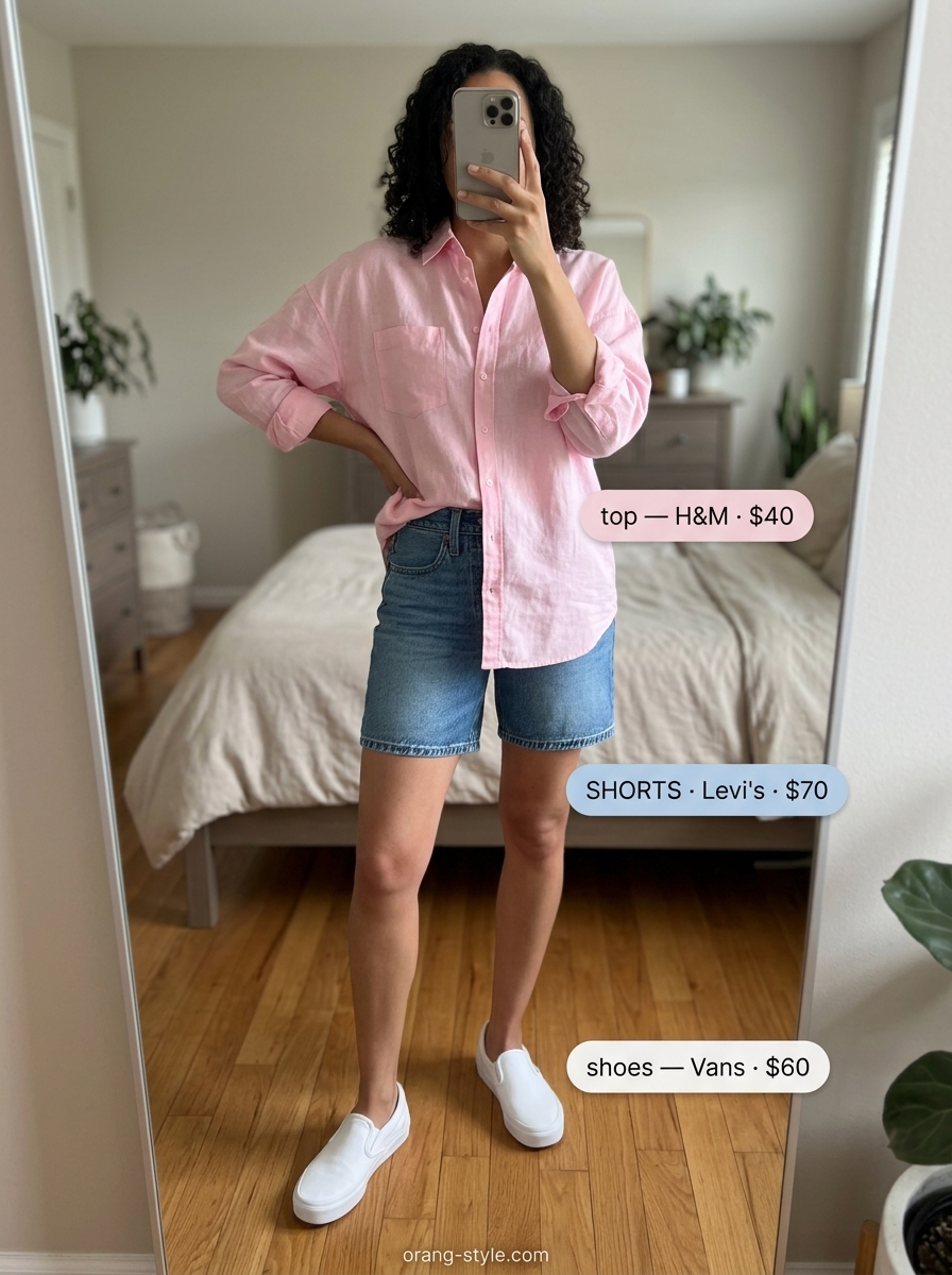 Classic summer outfits for women over 30 2026: Linen shirt, denim shorts, sneakers, crossbody bag.