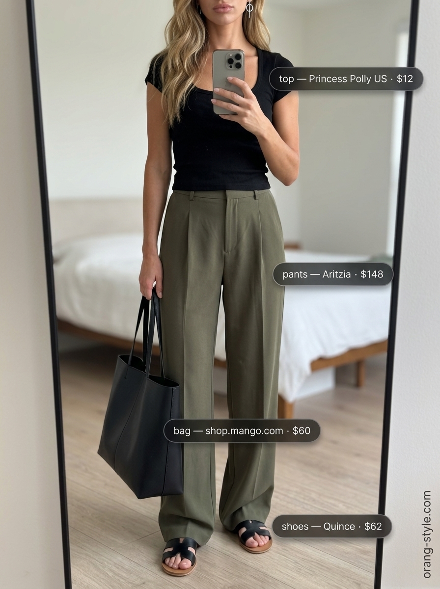 Classic summer outfits for women over 30 2026: Olive wide-leg pants, black crop top, slide sandals.