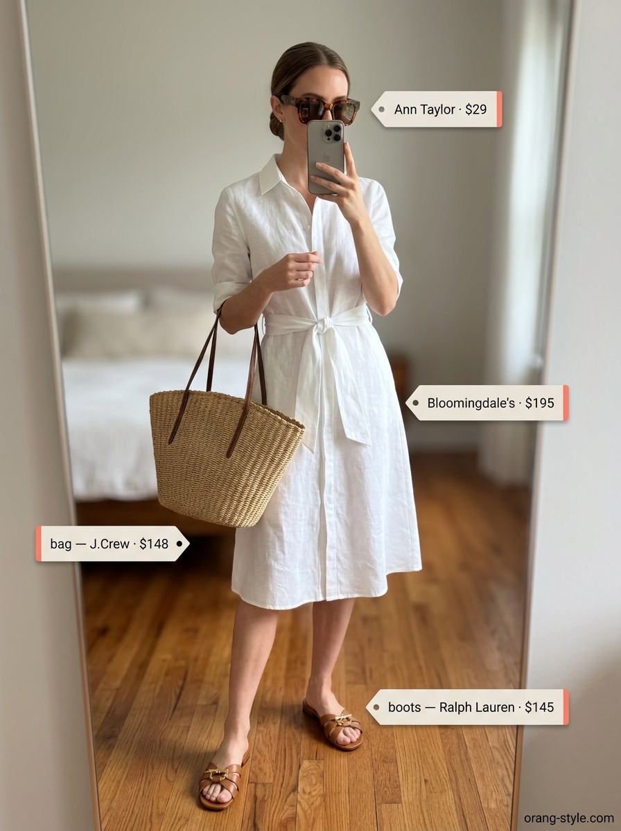 Classic summer outfits for women over 30 2026: White linen shirt dress, tan slides, straw tote, and sunglasses.