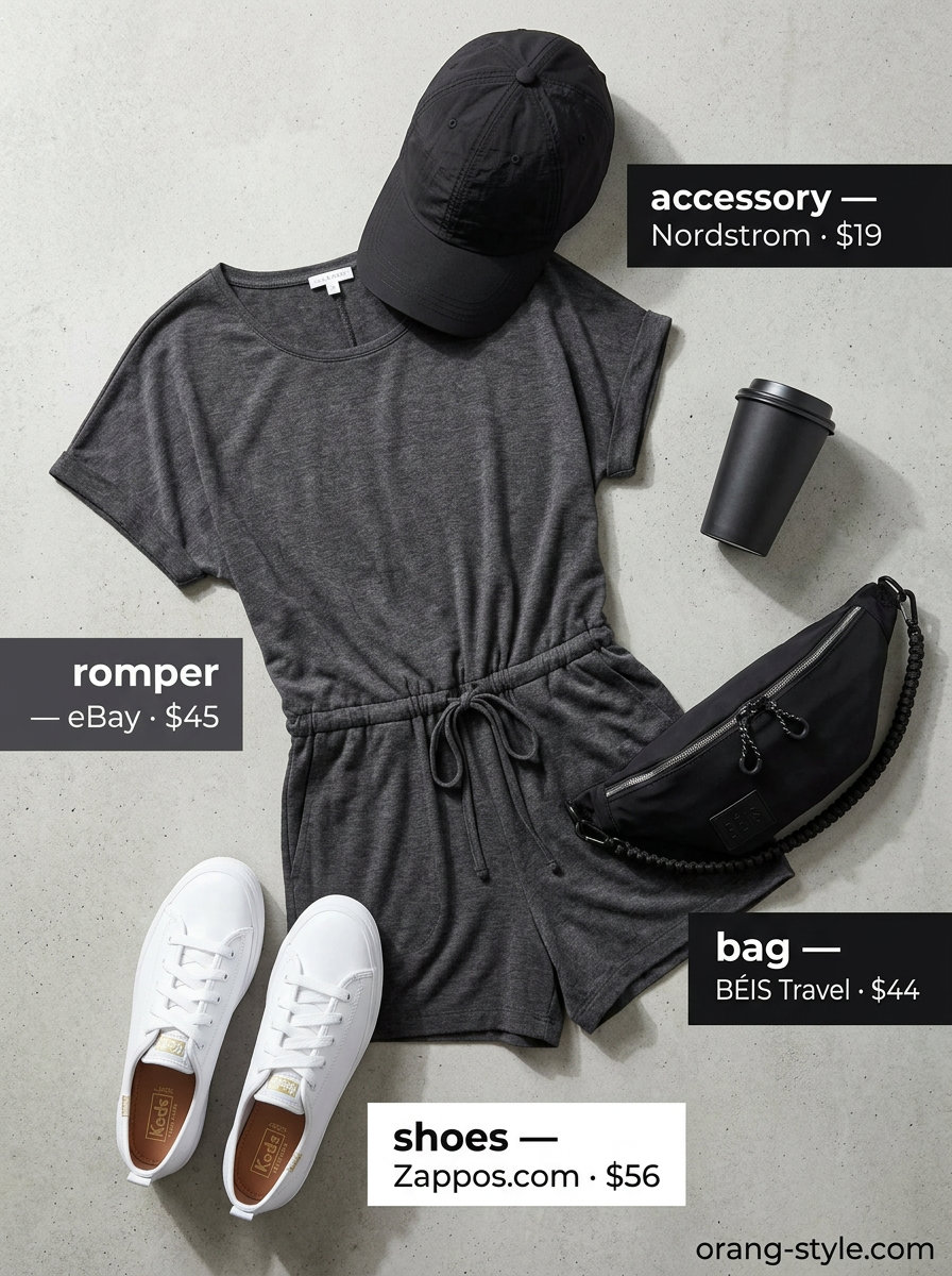 Classic summer outfits for women over 30 2026: Charcoal knit romper, white sneakers & canvas bag for active weekends.