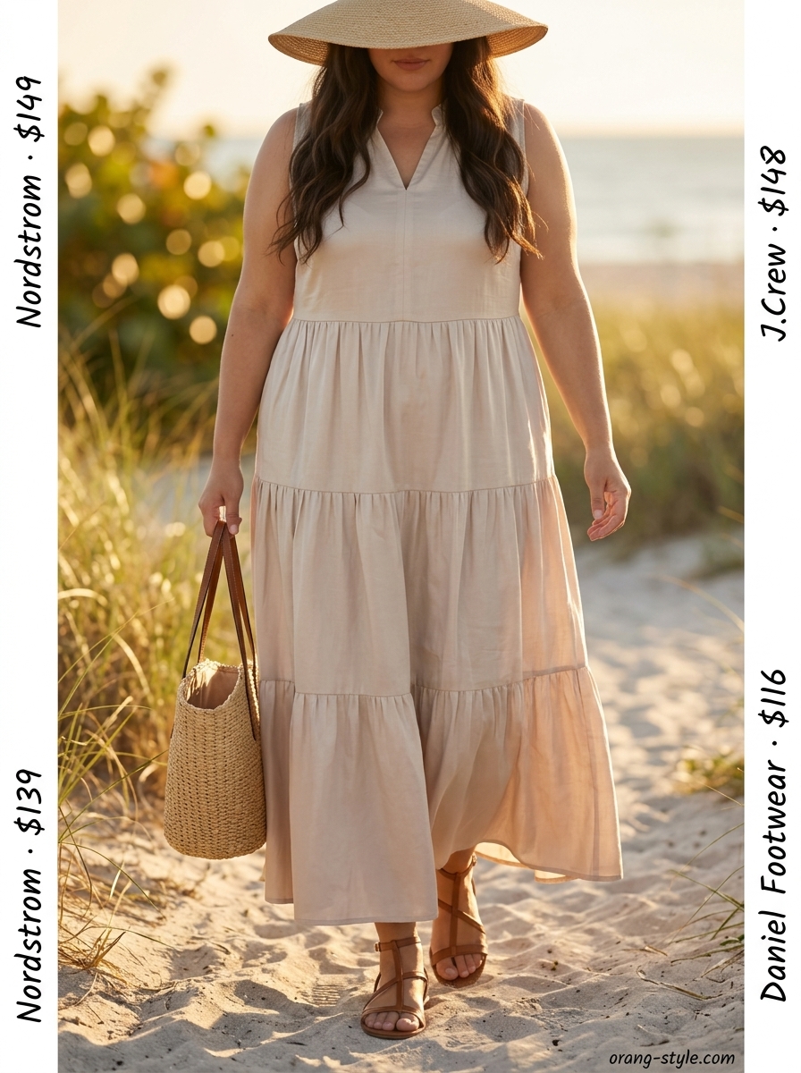 Classic summer outfits for women over 30 2026: Beige linen maxi dress, gladiator sandals & straw hat for vacation.