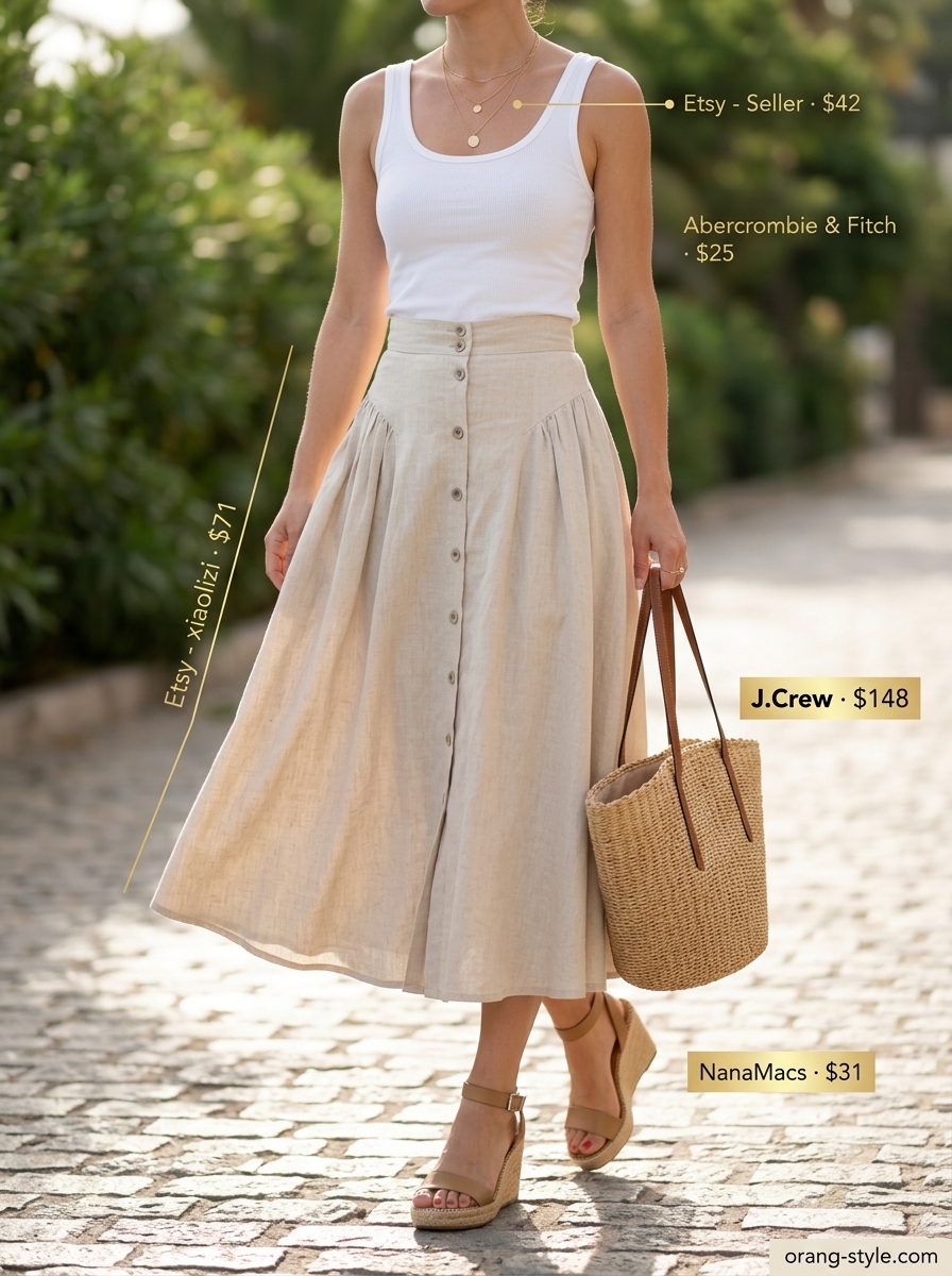 Classic summer outfits for women over 30 2026: Linen midi skirt, ribbed tank & espadrilles for coastal vibes.