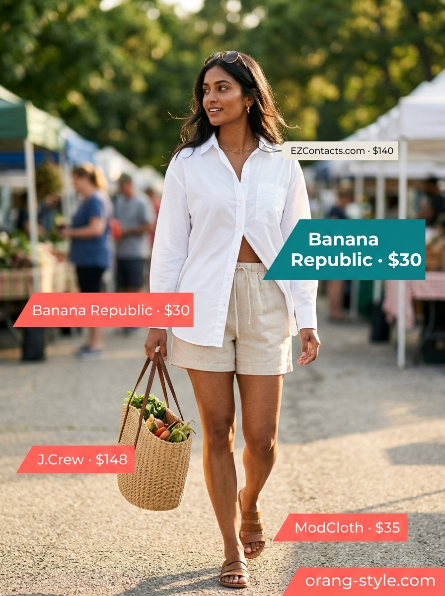 Classic summer outfits for women over 30 2026: Linen shorts, oversized shirt & straw tote for relaxed days.