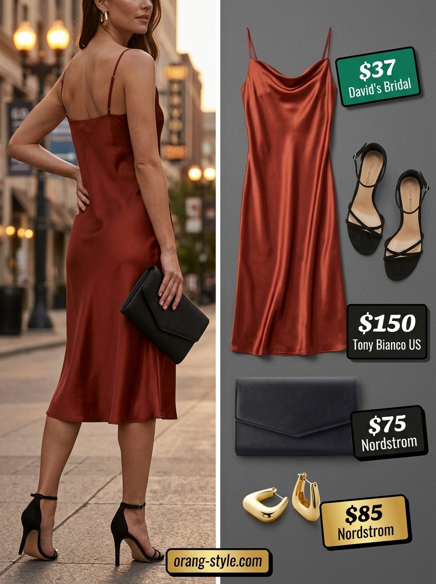 Classic summer outfits for women over 30 2026: Terracotta slip dress, black sandals & clutch for a dinner date.