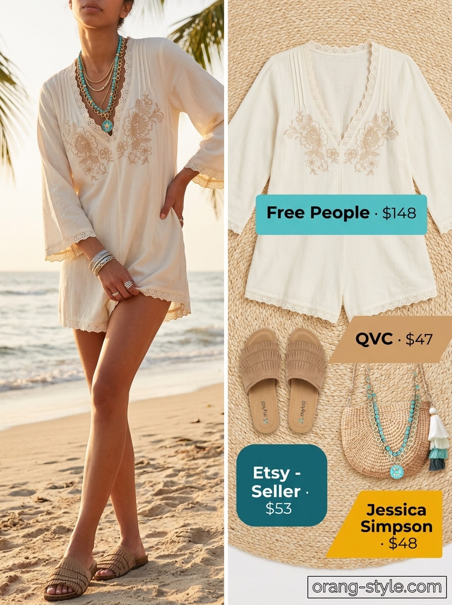 Bohemian coastal summer beach outfit for women 2026: Ivory embroidered romper with layered necklaces and woven sandals.