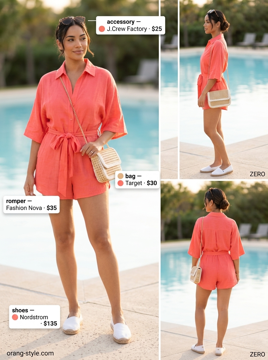 Playful coastal summer beach outfit for women 2026: Coral linen romper with espadrilles and straw crossbody.