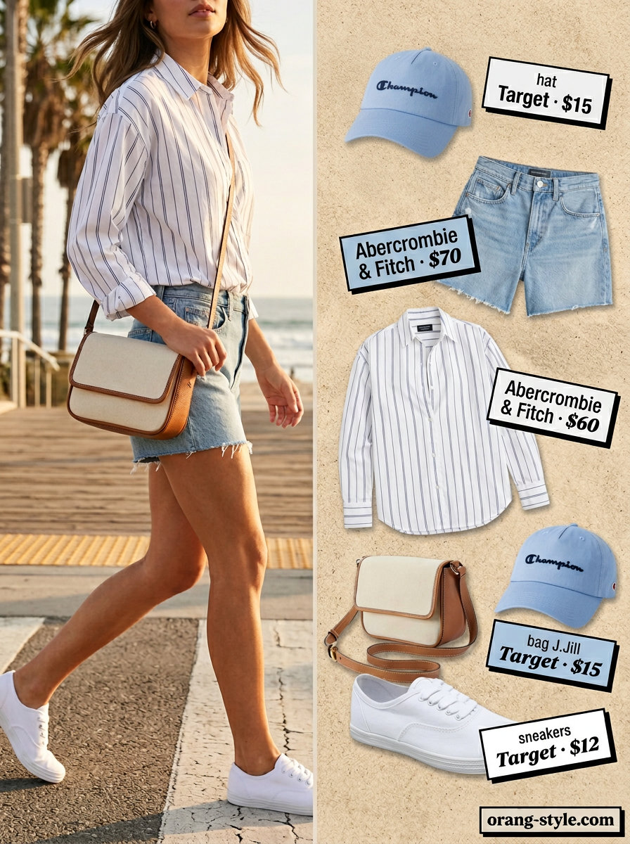 Distressed denim shorts, pinstripe blouse, and baseball cap for a laid-back coastal summer beach outfit for women 2026.