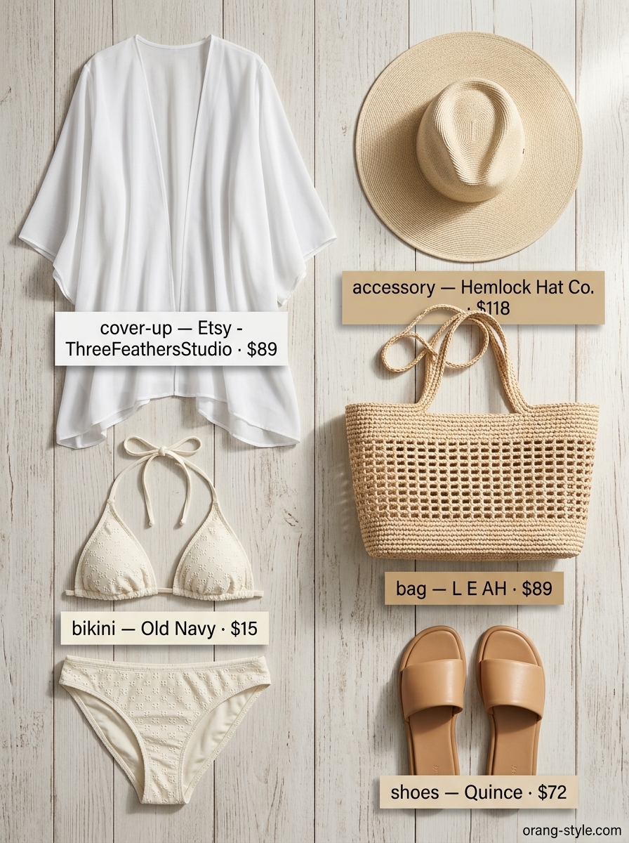 Chic coastal summer beach outfit for women 2026: White kimono cover-up with straw hat and leather slides.