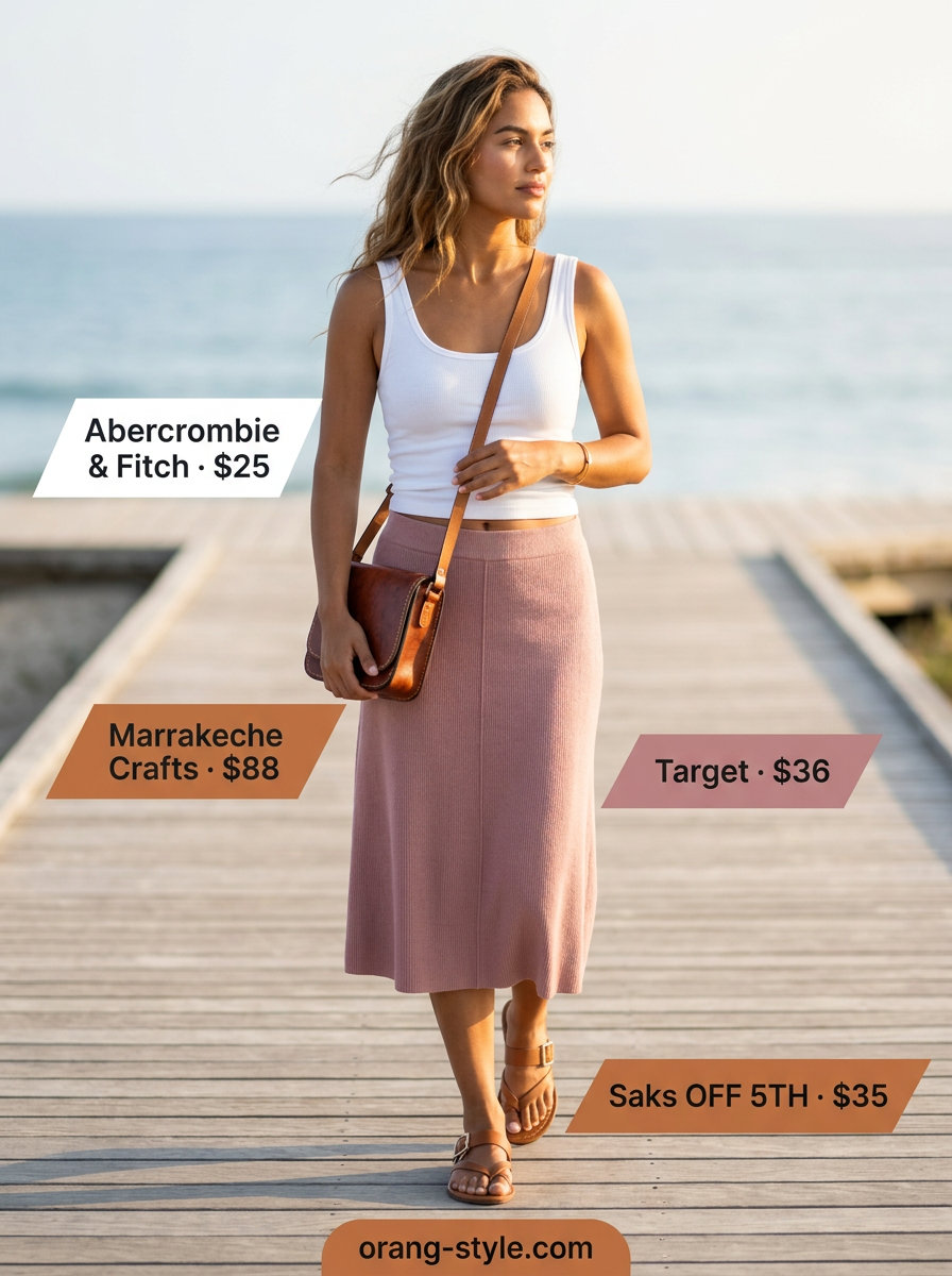 Beige knit midi skirt, white tank, and gold cuff for a sophisticated coastal summer beach outfit for women 2026.