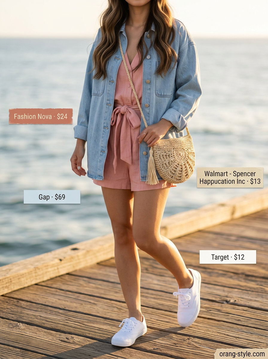 Blush pink linen romper, denim jacket, and straw bag for a sweet coastal summer beach outfit for women 2026.