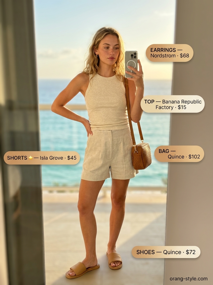 Camel linen shorts, cream tank, gold hoops for a chic coastal summer beach outfit for women 2026.