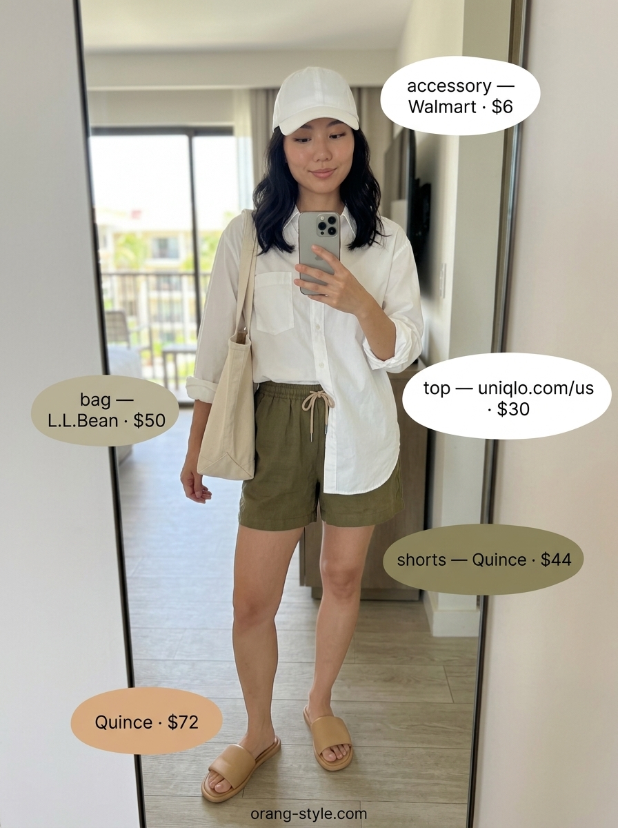 Casual coastal summer beach outfit for women 2026: Khaki linen shorts, white oversized shirt, slides, and cap.