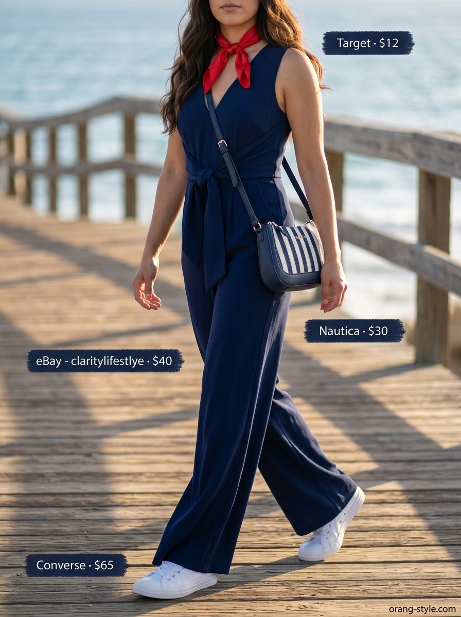 Navy wide-leg jumpsuit, white sneakers, red bandana for a chic coastal summer beach outfit for women 2026.