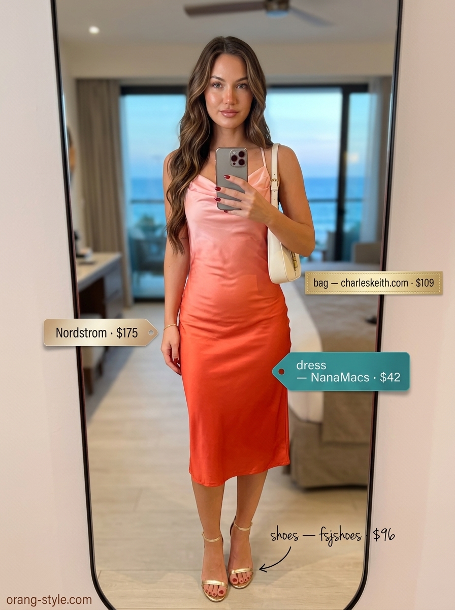 Sunset ombre slip dress, metallic sandals & bag for a glamorous coastal summer beach outfit for women 2026.