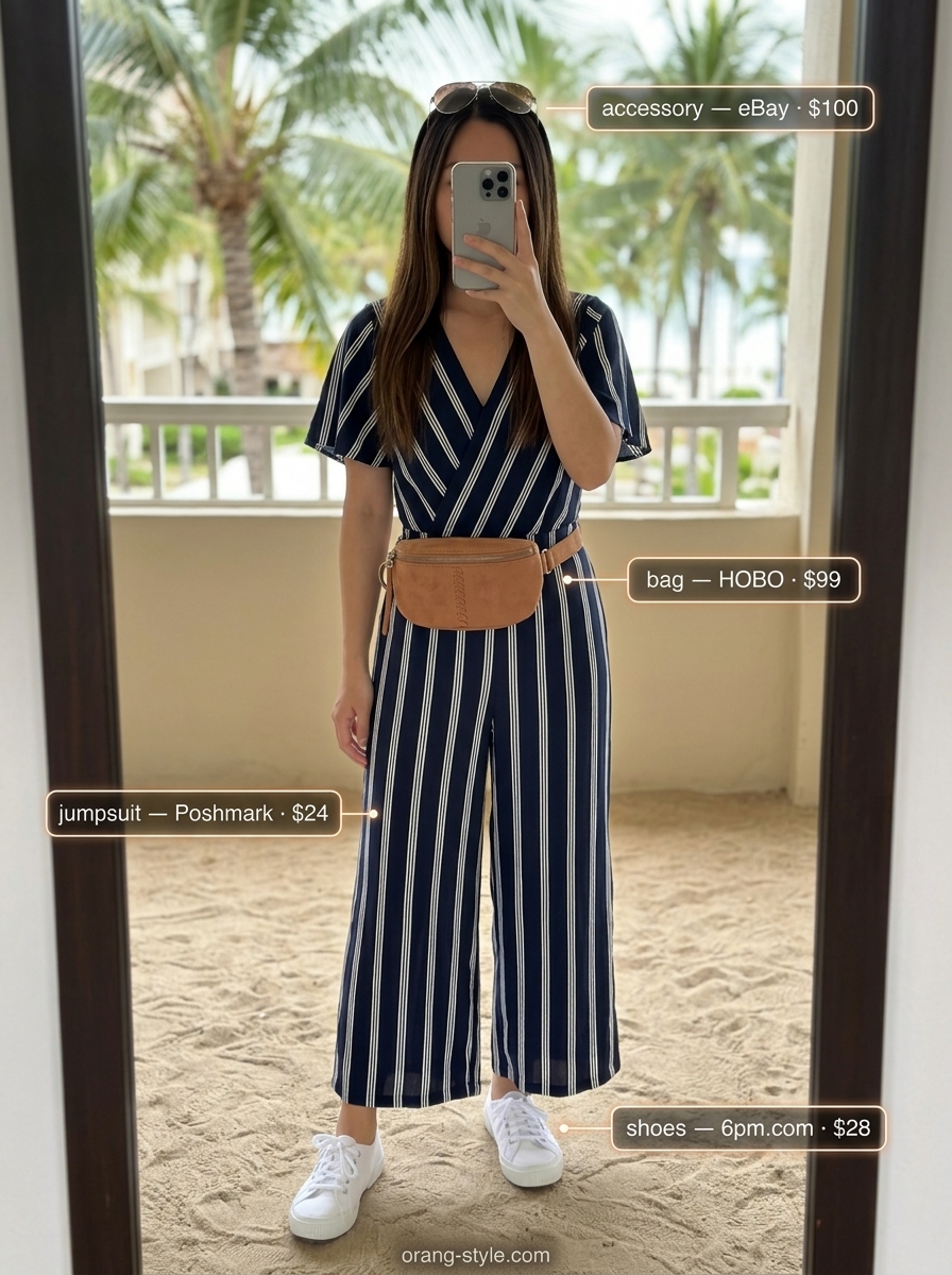 Navy and white stripe jumpsuit, tan belt bag, aviators for a classic coastal summer beach outfit for women 2026.